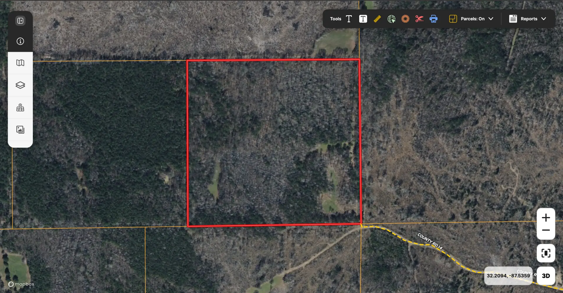 Land ID aerial with the Flatwood 40 boundary outlined in red