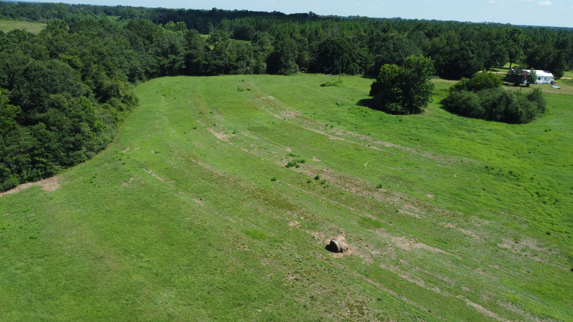 Aerial of the pasture with a single round bale and the residence beyond the trees