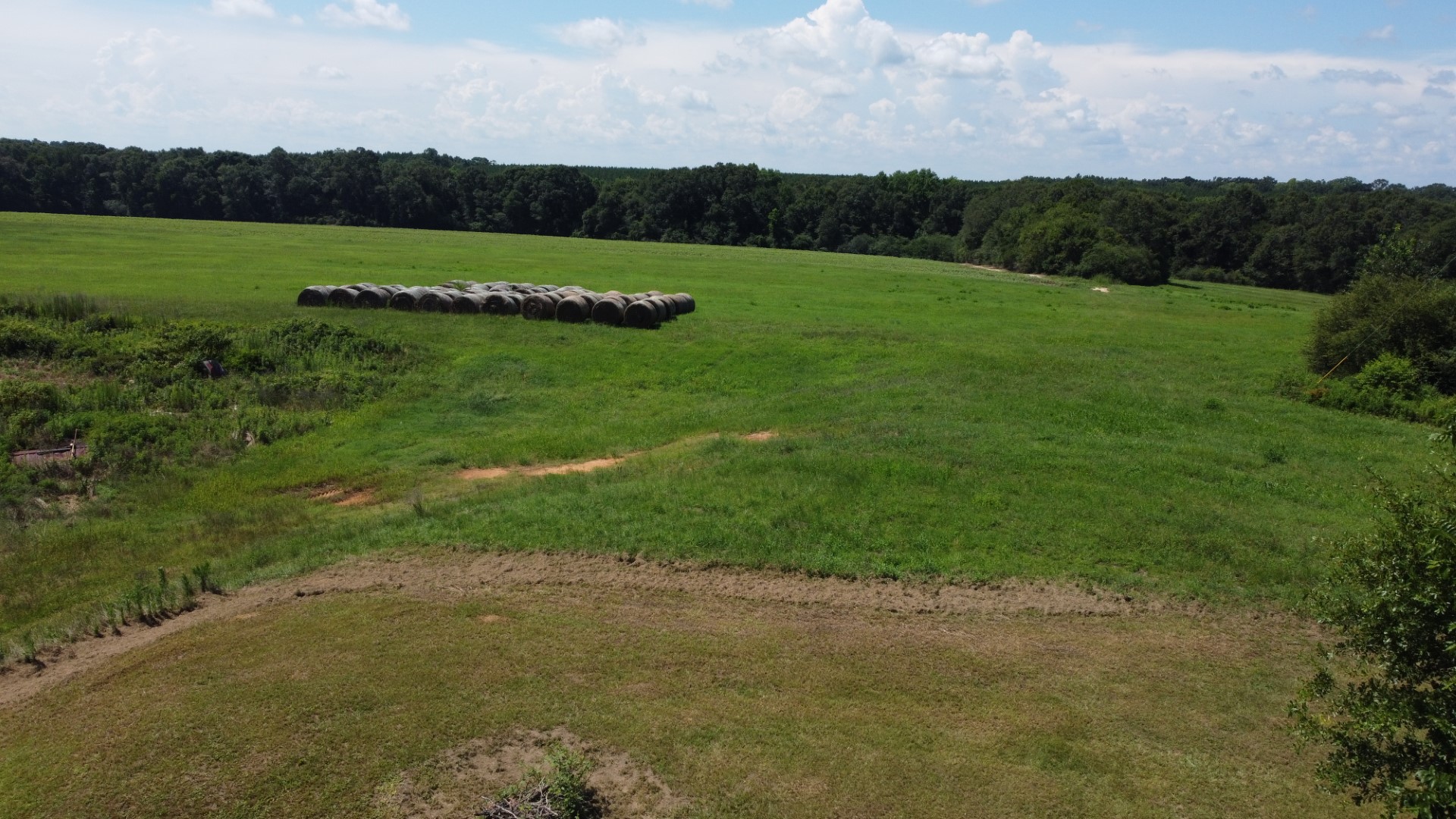 Aerial of green pasture with stacked round bales and timber behind