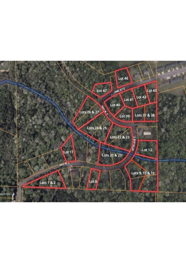Woodmont Subdivision lot map showing the offered lots along 2nd Street East, 2nd Place East, 3rd Place East and 47th Avenue East in Tuscaloosa, Alabama