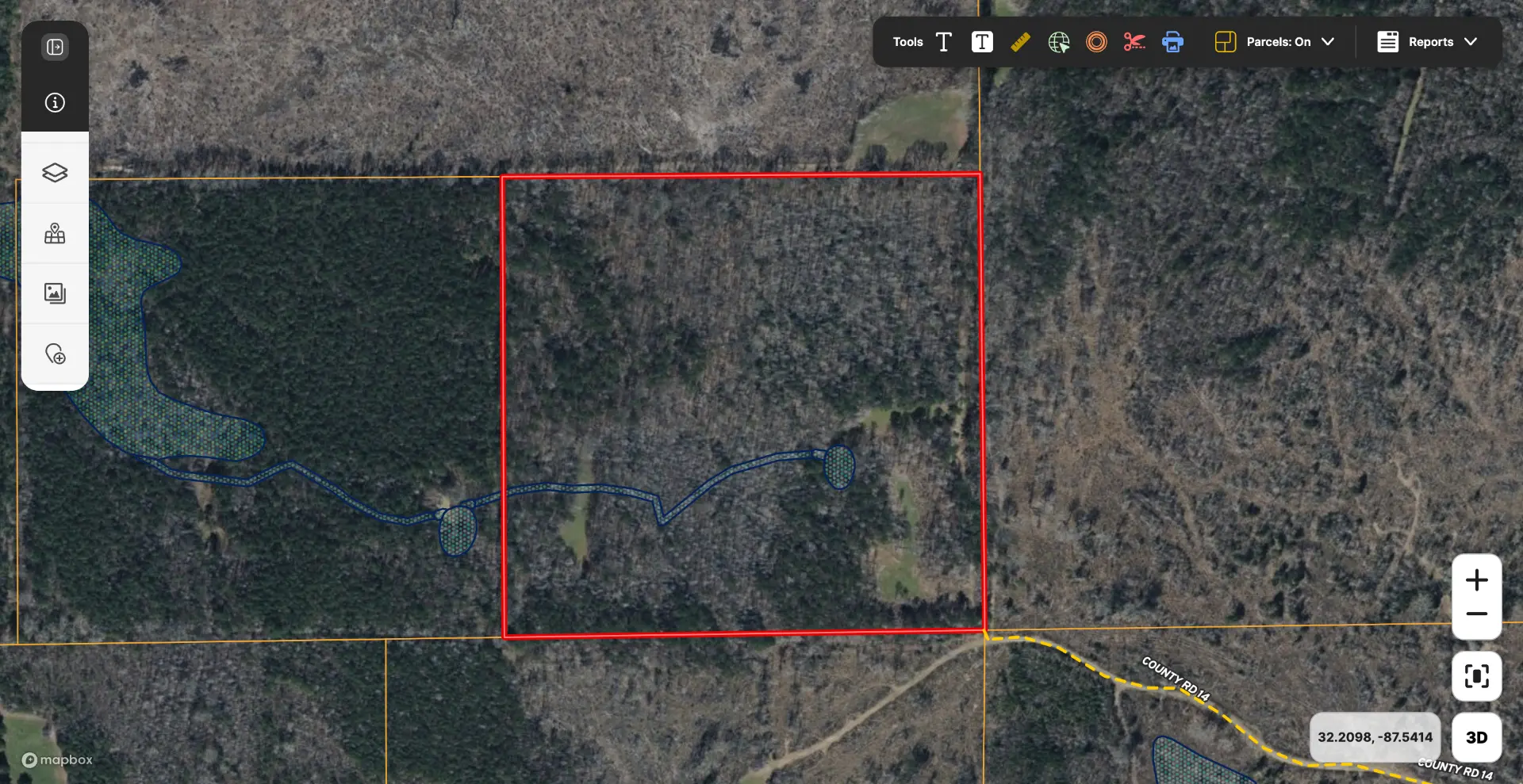 Flatwood 40 aerial with mapped water and drainage layers