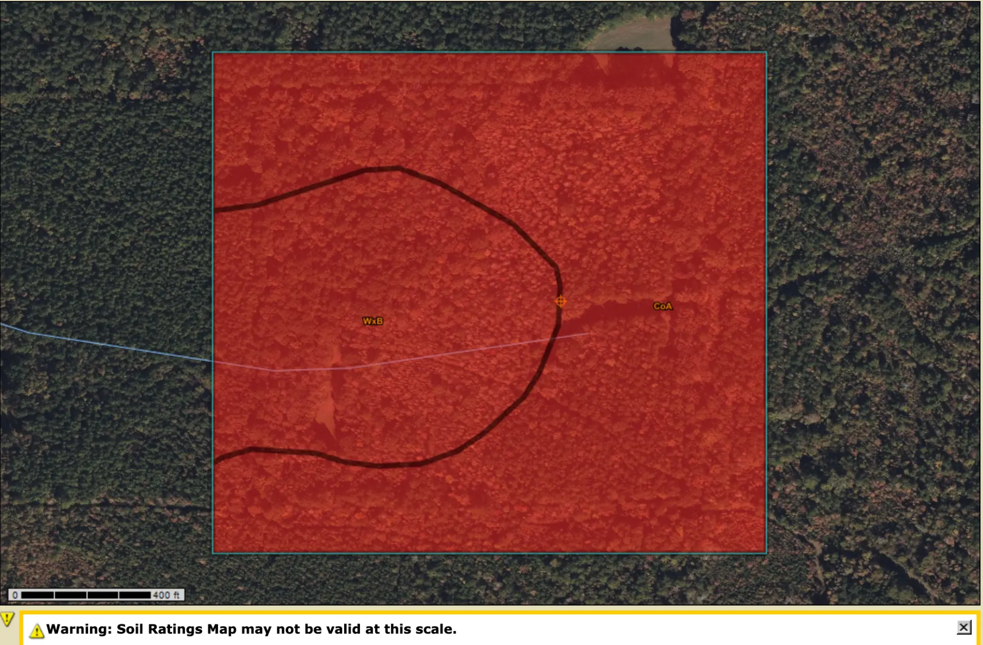 Soil suitability rating overlay at Flatwood 40 with a displayed map-scale validity warning