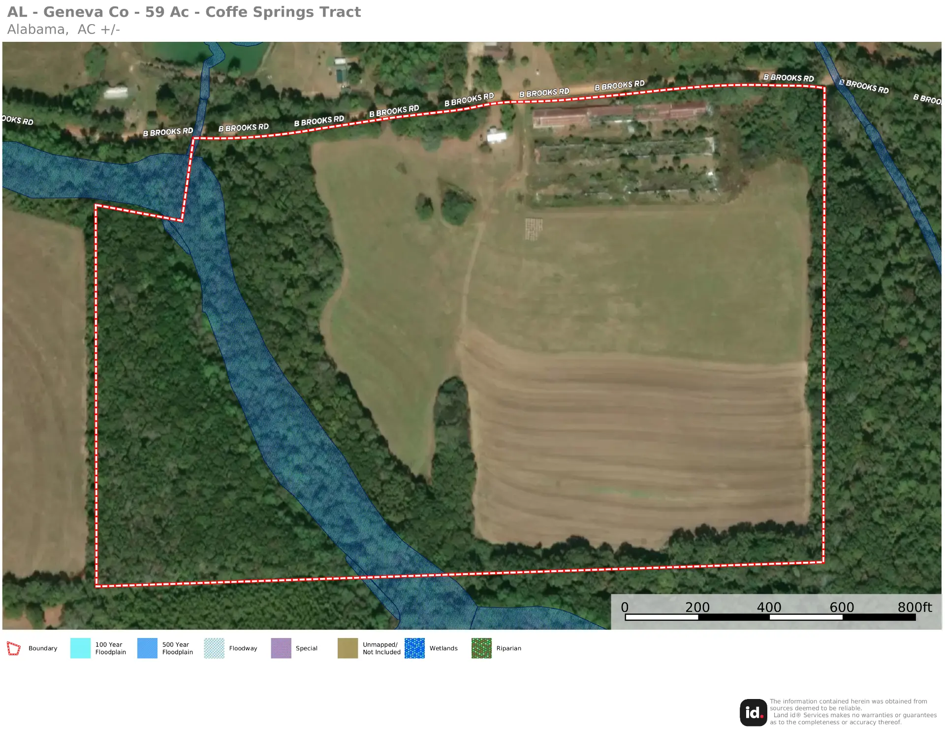 Wetlands map of Coffee Springs Farm showing the mapped wetland corridor along the western portion