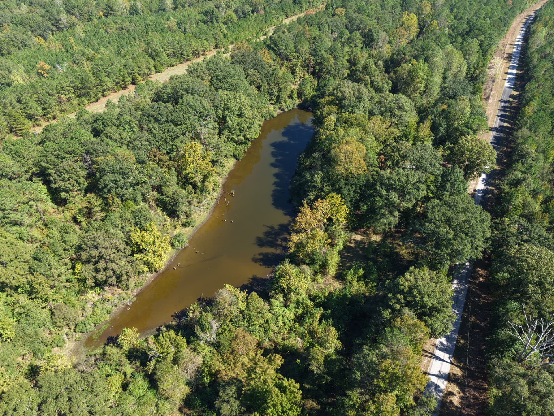 Aerial of the 2± acre pond tucked in timber beside paved County Road 38