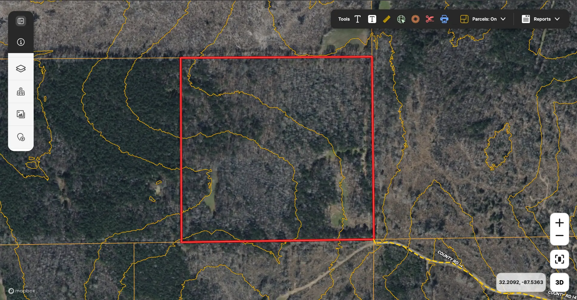 Flatwood 40 boundary with topographic contour lines
