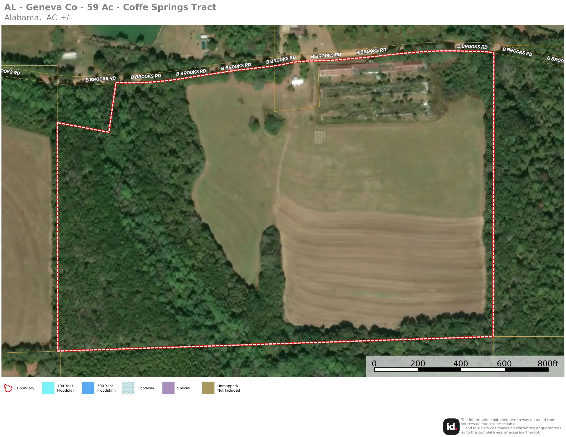Aerial map of the 59± acre Coffee Springs Farm with the property boundary outlined along B. Brooks Road