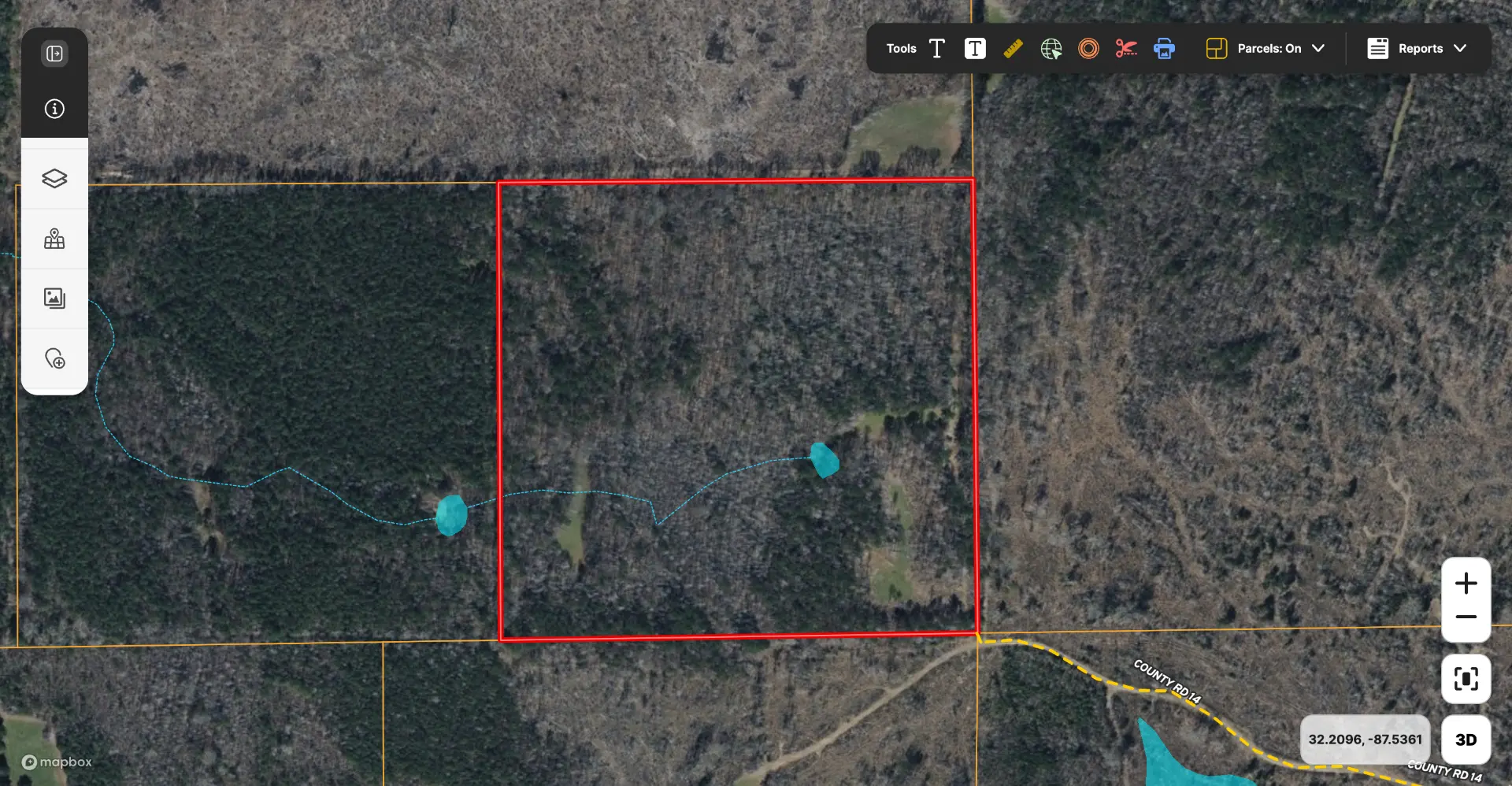 Flatwood 40 aerial with mapped wetland features highlighted